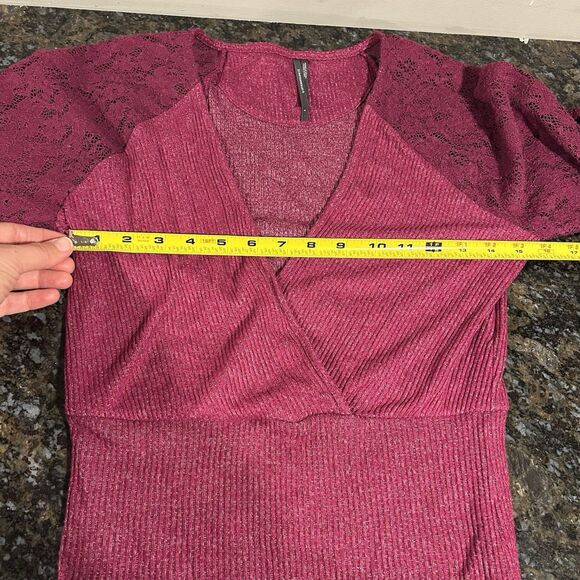 Anthropologie Surplice Ribbed Sweater Lace Sleeve Shirt Plum Pullover Size Small - Picture 8 of 9